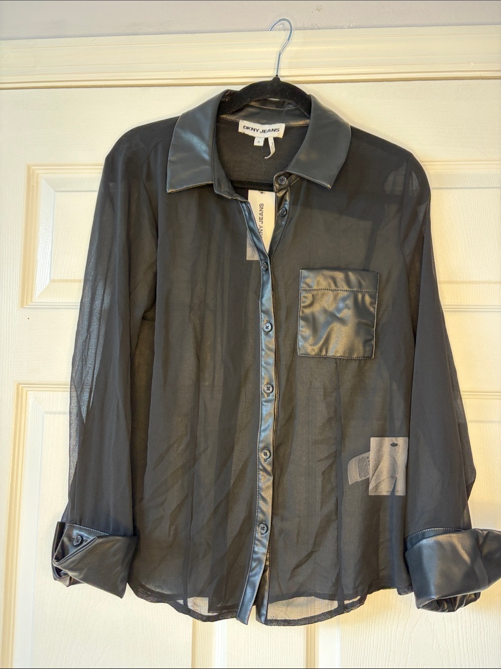 DKNY Black Sheer Not Faded Button-Front Blouse with Faux Leather Accents sz Med